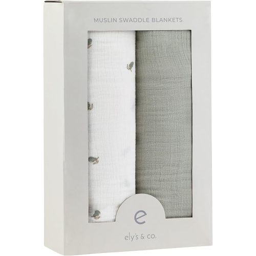 Ely's & Co. Muslin Swaddle Blanket 2-Pack — 100% Cotton Muslin Extra-Large Swaddle Blankets (47” x 47”) Solid + Printed (Sage Pear)