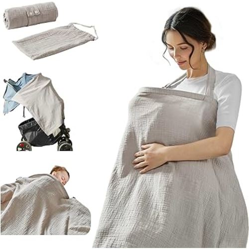 Tina's Home Nursing Cover Up for Breastfeeding, Breathable Cotton Breast-Feeding Cover for Women with Arch Neckline,Rigid Hoop, Storage Bag, Muslin Nursing Apron, Beige