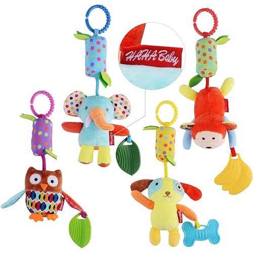Toys for 0 3 6 9 to 12 Months, Soft Hanging Crinkle Squeaky Sensory Learning Toy Infant Newborn Stroller Car Seat Crib Travel Activity Plush Animal Wind Chime with Teether for Boys Girls