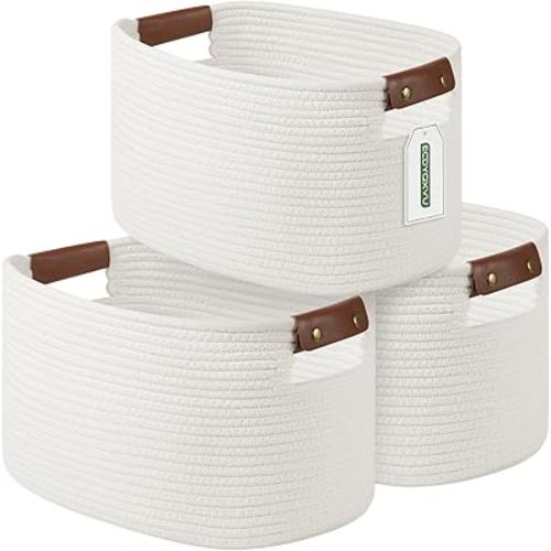 Cotton Rope Basket , Storage Baskets with Handle, 15x10x9 Inch Woven Basket for Shelves, Laundry, Towels, Clothes, Books, Toys (White 3Pack)