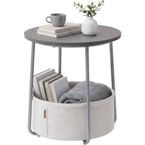 SONGMICS Home Small Side Table, Round End Table, 2 Tier Nightstand with Basket, U Shaped Steel Legs, Easy Assembly, for Living Room, Bedroom, Beige and White