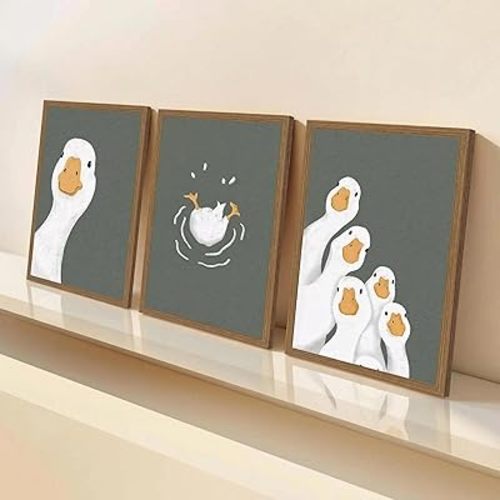 3pcs Framed Funny Goose Wall Art, Dark Green Animal Poster Adorable Goose Family Canvas - Ready To Hang - Modern Minimalist Picture For Living Room, Nursery, Bedroom Decor 12x16in