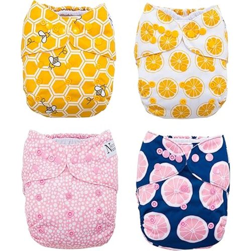Nora's Nursery Cloth Pocket Diapers 4 Pack with 4 Inserts - Waterproof Cover, Washable, Reusable & One Size Adjustable Pocket Diapers for Newborns and Toddlers - The Bee's Knees