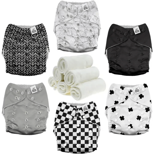 Mama Koala 3.0 Pocket Cloth Diapers for Babies with AWJ Lining, 6 Pack with 6 4-Layer Natural Cloth Diaper Inserts - Reusable and Washable Pocket Diapers (Black and White)