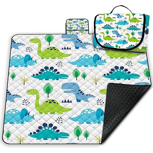 Extra Large Picnic Blanket Waterproof,80"x 80"Foldable Machine Washable Beach Blanket,Outdoor Blanket for 6-8 Adults,Suitable for Indoor Crawling,Park Beach,Camping,Hiking,Family Travel(Dinosaur)