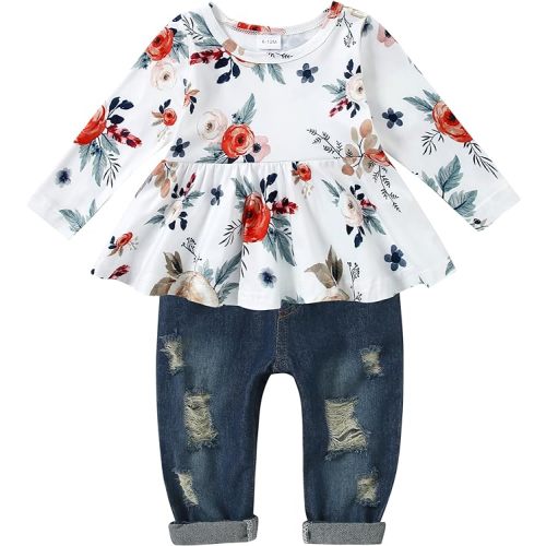 CARETOO Girls Clothes Outfits Cute Baby Girl Floral Long Sleeve Pant Set Flower Ruffle Top