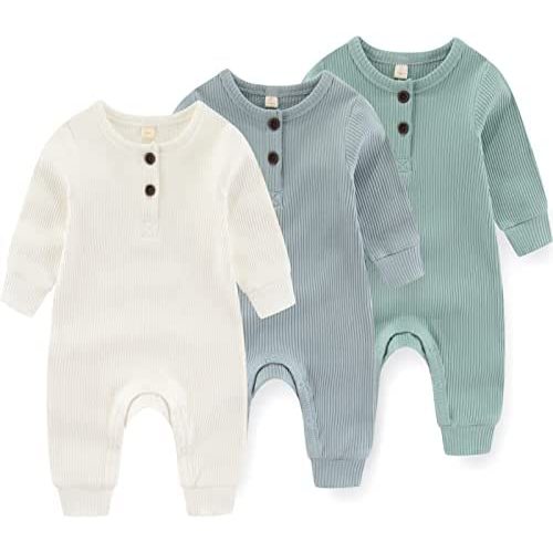 Newborn Baby Boys Girls One Piece Romper With Mitten Cuffs 3 Pack Long Sleeve Ribbed Button Jumpsuit Outfit Clothes