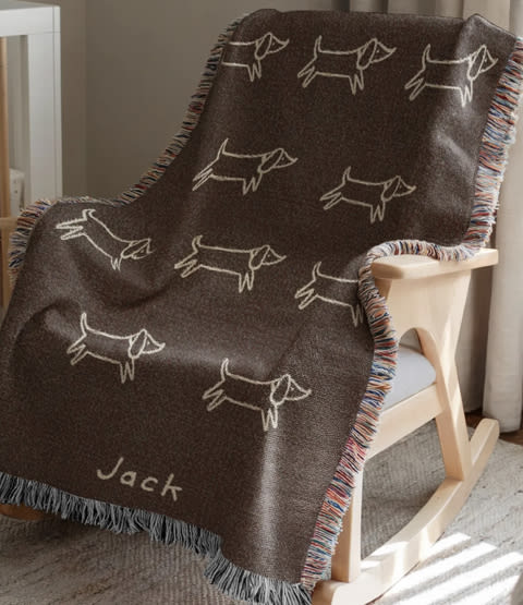 Personalized Dachshund Dog Pattern Woven Blanket, Custom Name Baby Blanket, Cute Puppy Nursery Throw, Cozy Baby Gift & Keepsake Decor