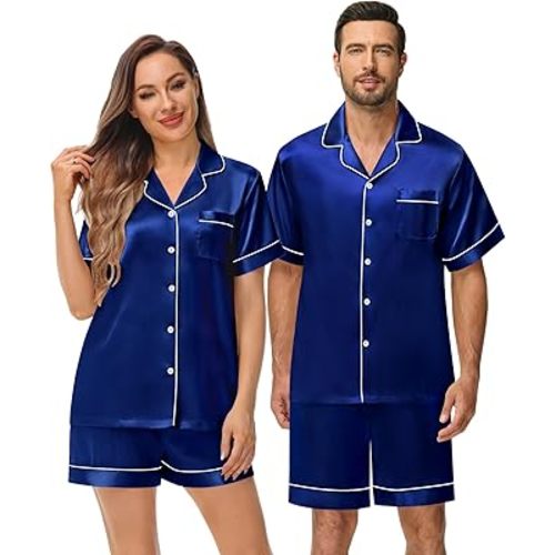 DIKFA Matching Silk Satin Pajamas Set for Couple Short Sleeve Sleepwear for Women&Men 2pcs Pjs Set Button-Down Nightwear Set