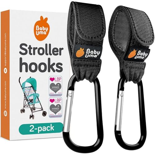 Baby Uma Stroller Hooks for Bags (2 Pack) - Universal Stroller Clips and Hooks, Non-Slip with One-Hand Opening, 11 lb Weight Capacity, Baby Travel Essential