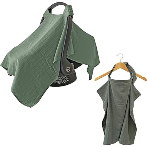 MOZAH 100% Organic Muslin Baby Car Seat Cover & Nursing Cover - Breathable Cotton Carseat Canopy & Breastfeeding Cover with Rigid Hoop - Multi-use, Lightweight, and Soft (Roman Green)