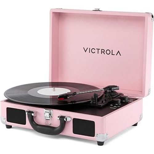 Victrola Journey II (2025 Model) – Bluetooth Suitcase Record Player – Built-in Stereo Speakers with Enhanced Bass, 3-Speed Turntable, Bluetooth Input and Output, RCA & Headphone Outputs (Pink)