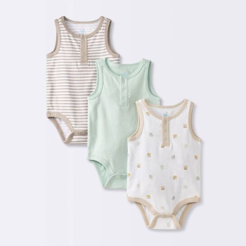 Baby 3pk Sleeveless Henley Bodysuit - Cloud Island™ Mint Green Newborn: Cotton, Snail & Stripe Pattern