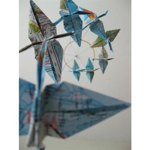 Children Decor Origami Crane Mobile Baby Mobile Map Eco Friendly World Atlas Teacher Repurposed Blue Classroom Nursery Bedroom