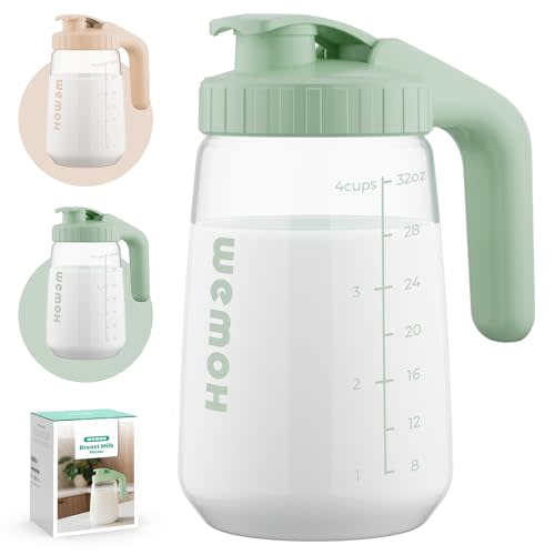 WEMOH 32oz Breast Milk Pitcher, 3X-Thick Heat & Cold Resistant Borosilicate Glass, Leakproof Breast Milk Fridge Storage Container with Wide Mouth & Ergo Grip, Dishwasher Safe, Fast Baby Formula Maker