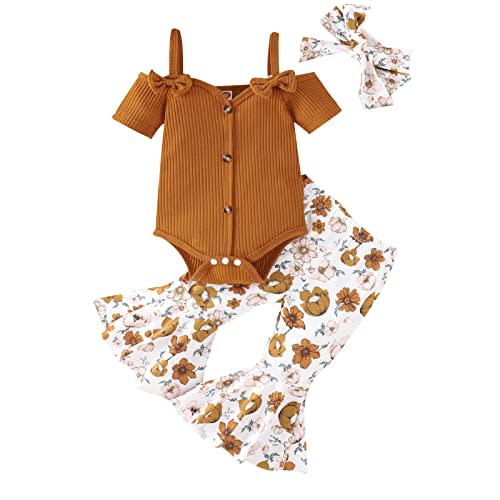 Engofs Newborn Baby Girl Clothes Short Sleeve Romper Flare Pants Headband Set 3Pcs Infant Summer Outfit 0 3 6 12 18 Months