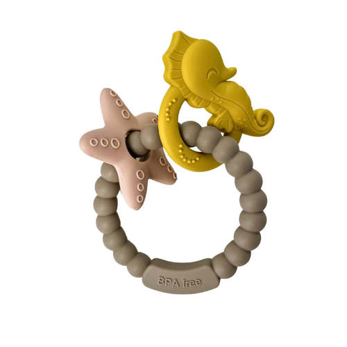 Jouet de dentition - Anneau silicone hippocampe étoile de mer beige