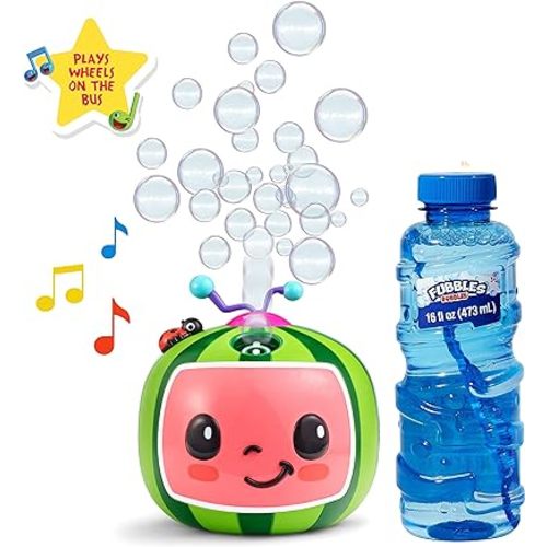 CoComelon NO Spill Musical Bubble Machine | Bubble Toy for Baby, Toddlers and Kids | Amazon Toys Exclusive with 16 oz of Extra Bubble Solution (Bubble Solution Bottle Colors Will Vary)
