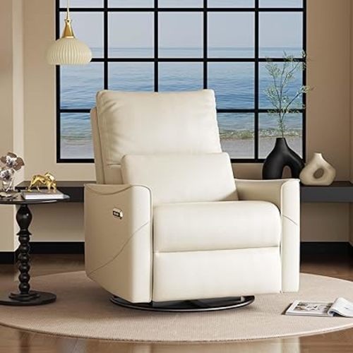 BedsPick Power Swivel Rocker Recliner Chair, Glider Nursery Recliner Chair with Lumbar Support, Leather Swivel Rocker Recliner with USB & Type-C Ports, Chairs for Living Room (Beige)