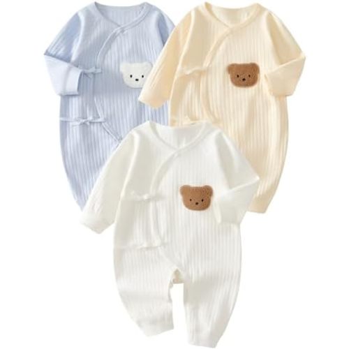 3-Pack Baby Boys Girls Clothes, 100% Cotton Infant Newborn Outfit Cute Bear Ribbed Knit Long Sleeve Button Romper