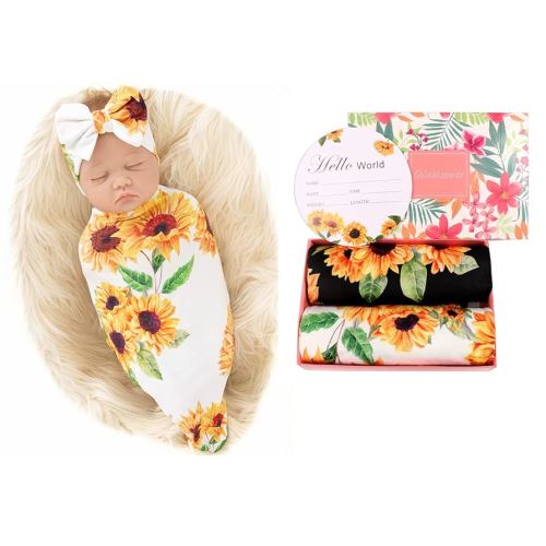 Galabloomer Receiving Blanket Headband Set Flower Print Baby Swaddle Blankets Sunflower