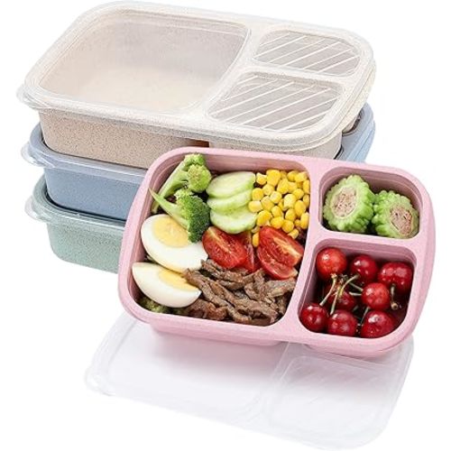 4 Pack Bento Lunch Box Set 3 Compartment Food Storage Containers Wheat Straw Meal Prep Lunch Box Plastic Food Storage Containers, Microwave and Dishwasher Safe (light colour)