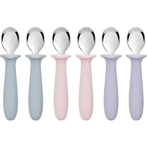 6 PCS Toddler Spoons Set - Baby Spoons with Silicone Handle Children Food Grade 18/8 Stainless Steel Toddler Utensils Set for Self Feeding Kids Silverware Set Safe Anti-Choke Design Dishwasher Safe