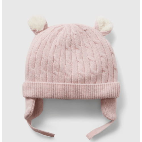 Baby CashSoft Sherpa-Lined Bear Beanie in primitive pink, size: 0-3 M