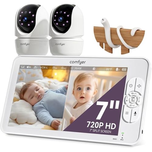 Comfyer 7" HD Split-Screen Baby Monitor with 2 Cameras, Video Baby Monitor with Camera and Audio, Flexible Bracket, Non-WiFi, VOX Mode, 2 Way Audio, Remote PTZ, Auto Night Vision