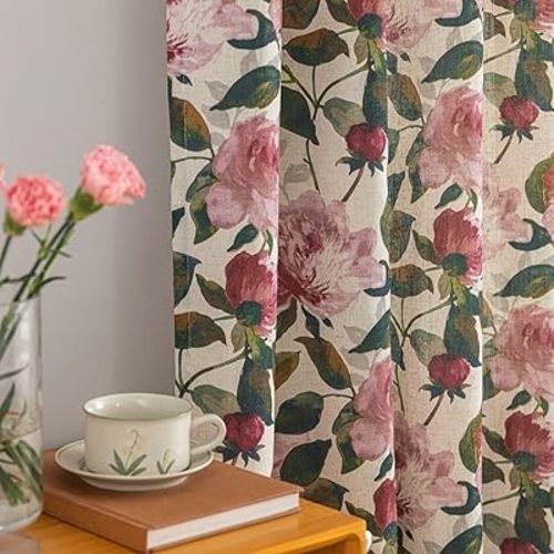 ALIGOGO Pink Floral Curtains for Living Room 63 Inch Length, Linen Flower Printed Pattern Shabby Chic Pink Curtains, Light Filtering Short Coquette Floral Drapes for Bedroom, 2 Panels 50" W x 63" L