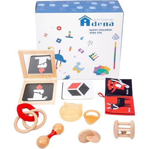 Montessori Play Kit for 0-6 Month Baby Tummy Time Interactive Toys Baby Brain Development Toys Rattle Montessori Toy Interlocking Rings Black, White Card Soft Book and Wooden Book Frame with Mirror