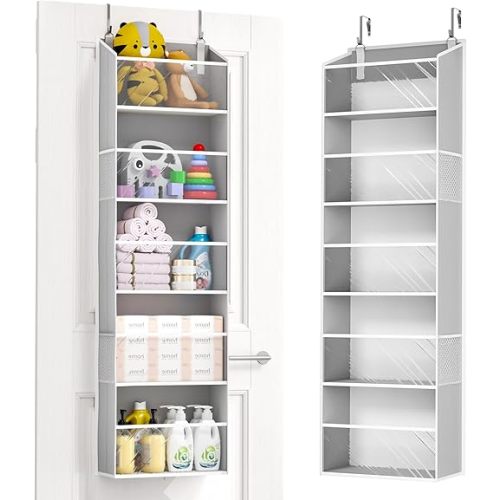 ULG Over The Door Organizer with Clear Pockets 5-Tier Hanging Storage Rack with 4 Side Pockets, Easy to Install, Heavy Duty Back of Door Organizer for Pantry, Bathroom, Nursery, Light Grey