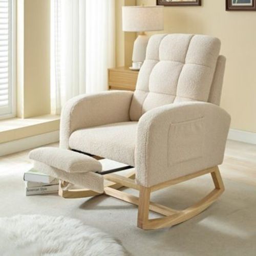 Modern Style Rocking Chair With Solid Wood Legs Adjustable Footstool Comfortable Armchair With Side Pockets Leisure Armchair With High Backrest