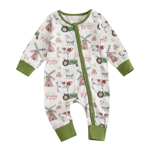 Chloefairy Newborn Baby Boy Farm Clothes Tractor Country Animal Long Sleeve Romper Zipper Jumpsuit One Piece Fall Outfit