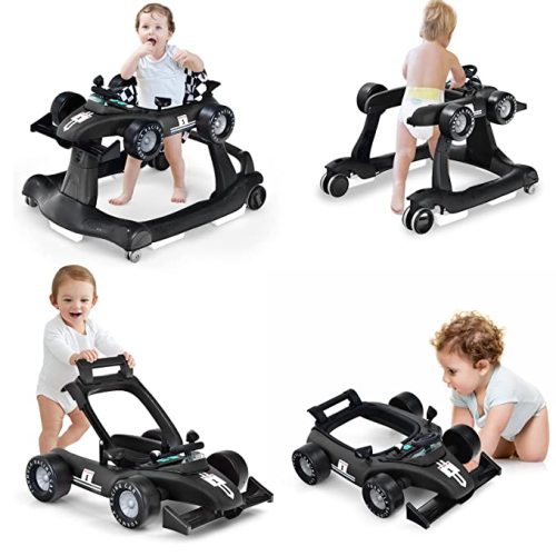 HONEY JOY 4-in-1 Baby Walker, Activity Push Walker w/3 Adjustable Heights, Smooth Wheels w/Adjustable Speed, Padded Seat, Music & Light, Foldable Car Walker for Baby Boys Girls Age 6 Months+ (Green)