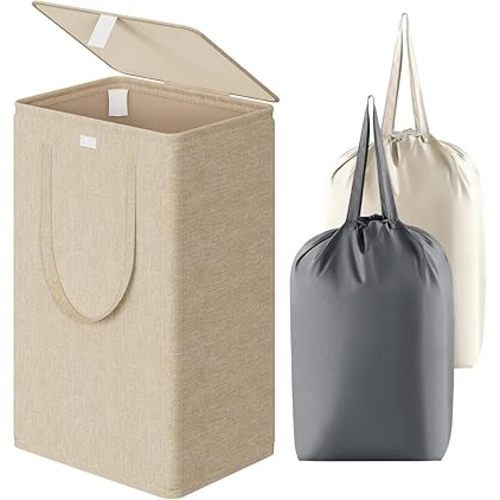 WOWLIVE 100L Laundry Hamper with Lid, Large Foldbale Laundry Basket with 2 Removable Bags and Handles, Tall Collapsible Dirty Clothes Hamper for Laundry Room, Bathroom, Dorm (Wheat)