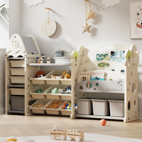 Harriet Bee Jameek Kids Toy Storage Organizer with 17 Removable Bins, 4-Tier Bookshelf for Kids, Multi-Purpose Castle-Shaped Toy Organizer & Reviews | Wayfair