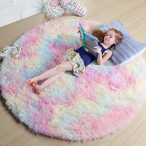 Amdrebio Rainbow Fluffy Round Rug 4Ft Kids Rugs for Girls Bedroom, Unicorn Room Decor, Colorful Pastel Shag Carpet for Preppy Dorm, Cute Fuzzy Kawaii Circle Area Rug, Soft Play Mat for Baby Nursery