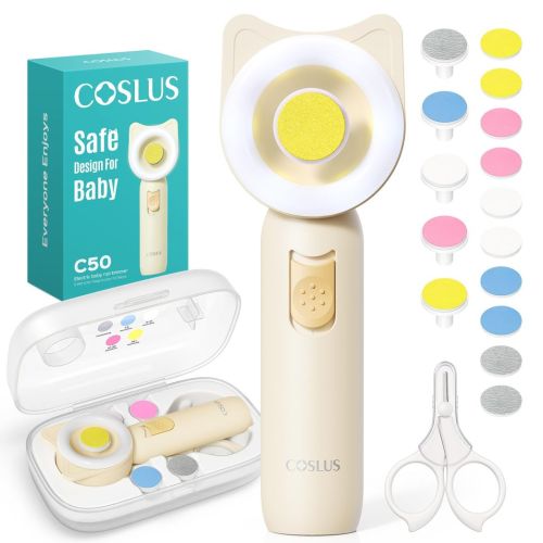 COSLUS Baby Nail File, Baby Nail Trimmer Electric - Gentle, Quiet with 360° Light, Safe for Sleep Time Grinding, 16-in-1 Baby Nail Clipper Kit for Newborn, Infant & Toddler (C50, Lemon Yellow)