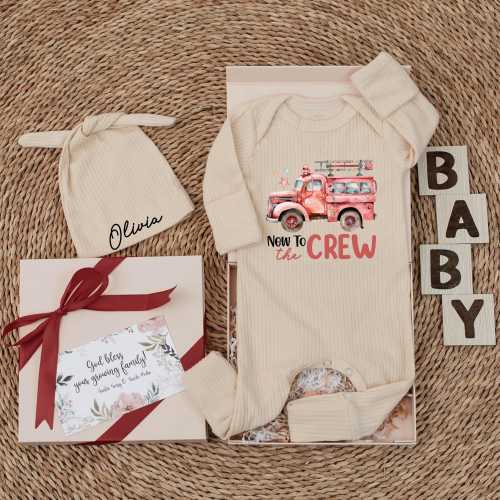 Personalized New to The Crew Firefighter Baby Bodysuit set, Firefighter Baby Gift, Baby Announcement Gift, Baby Shower Gift, Baby Outfit