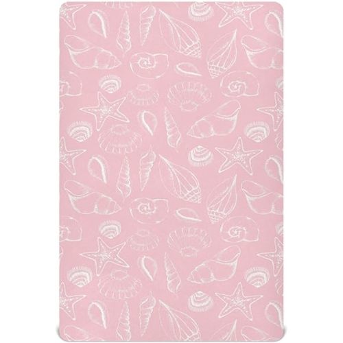 Pink Seashells Crib Sheets for Boys Girls, 52x28 Inch Soft and Breathable Pack n Play Sheets, Portable Mini Stretchy Cribs Sheets