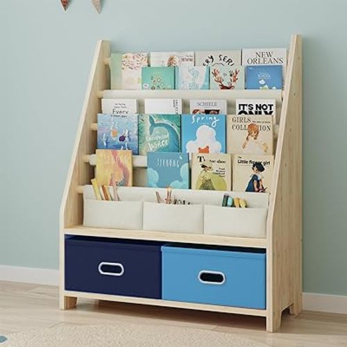 4 Tier Kids Book Shelf, Wooden Kids Book Rack Storage Bookshelf with Toy Storage Organizer, Toddler Sling Bookshelf for Boys, Girls, Kids Room, Blue