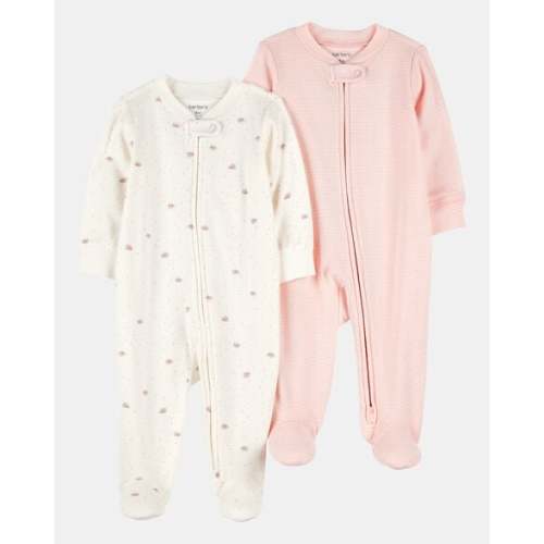 Baby Girl 2-Pack 2-Way Zip Cotton Sleep & Play Pajamas - White/Pink