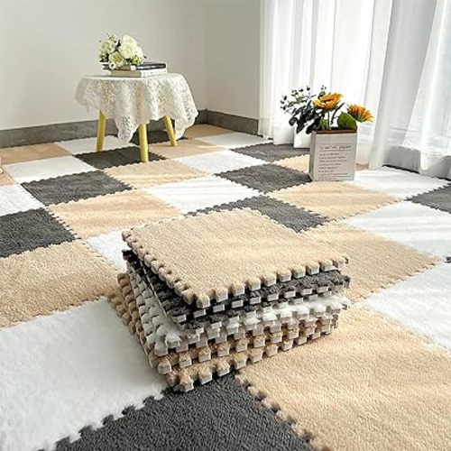 12 Pcs Plush Interlocking Carpet Tiles，Non-Toxic Foam Carpet Tiles for Toddler Baby，Machine-Washable，Anti-Slip，EVA Foam Interlocking Tiles for Floor, Nursery, Grey White Light Brown