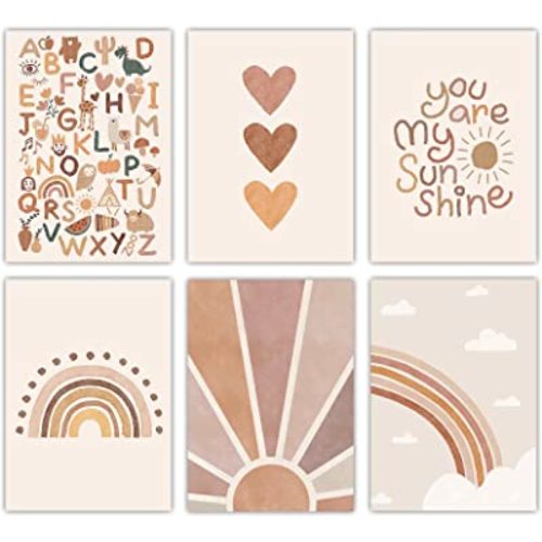 Canssape Baby Boho Nursery Wall Decor 12"x16" Kids Room Poster Prints Alphabet Rainbow Wall Art Prints Safe Non-toxic Green Warm Sweet Bedroom Decor Unframed