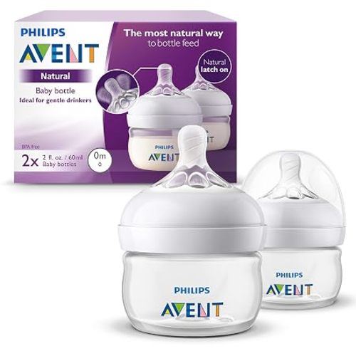 Philips Avent Natural Baby Bottles, with First Flow Nipple, 2OZ/60ML, 2 Pack, SCF019/25