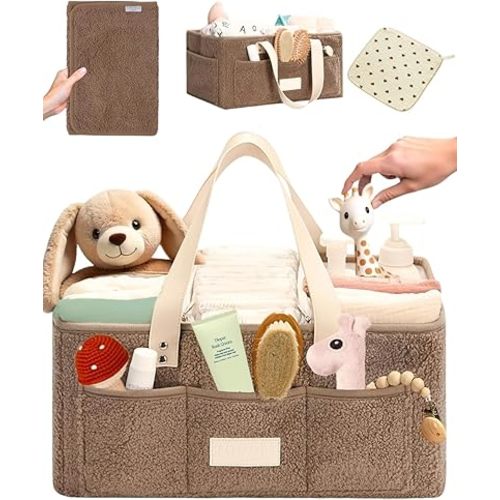 Baby Diaper Caddy Organizer with Portable Changing Mat and Heart Burp Cloth - Teddy Fleece Diaper Organizer for Changing Table - Baby Basket for Diaper Changing Essentials - Taupe