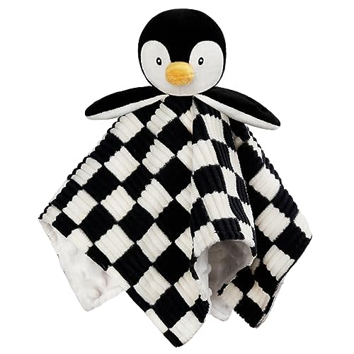 BEILIMU Baby Lovey Blanket for Boys Girls Super Soft Checkerboard Gingham with Minky Dot Fabric Backing Penguin Stuffed Animal Lovely Snuggle Toy Black 14 Inch