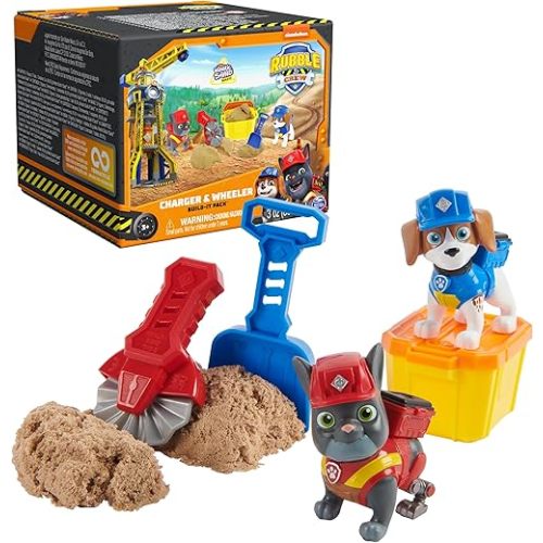 Rubble & Crew, Charger & Wheeler Action Figures, with Kinetic Build-It Sand & 2 Building Tools, PAW Patrol Kids Toys for Boys & Girls Ages 3 and Up