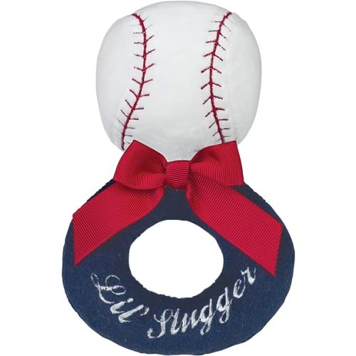 Bearington Baby Lil’ Slugger, 5.5 Inch Red, White and Blue Plush Stuffed Baby Baseball Soft Ring Rattle